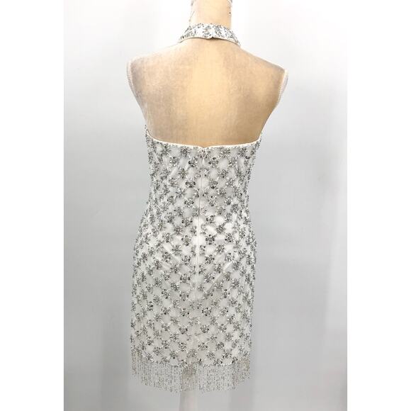 LIV FOSTER Sequin Beaded Halter Dress Size 6 Ivory Bead Fringe Trim NWT FLAW - Picture 8 of 16